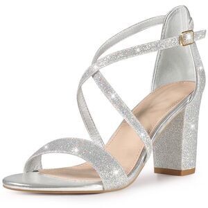 Glitter Dress Pumps Open Toe Crisscross Strap Chunky Heel Sandals Silver